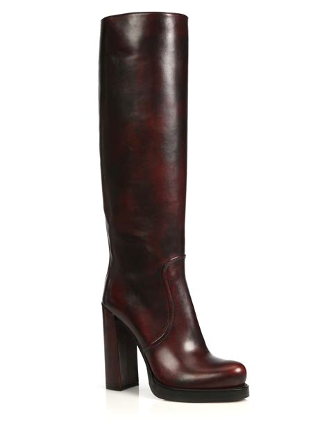 prada burnished leather knee-high boots|prada lug sole combat boot.